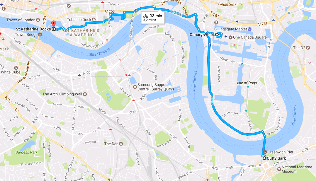 Route from the Cutty Sark to St. Katherine Docks